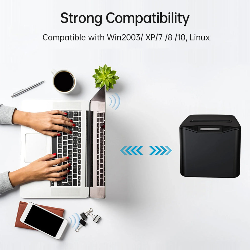 Thermal Receipt Printer 80mm Desktop Direct Thermal Printing USB+LAN Connection High Speed with Auto Cutter Large Paper Bin