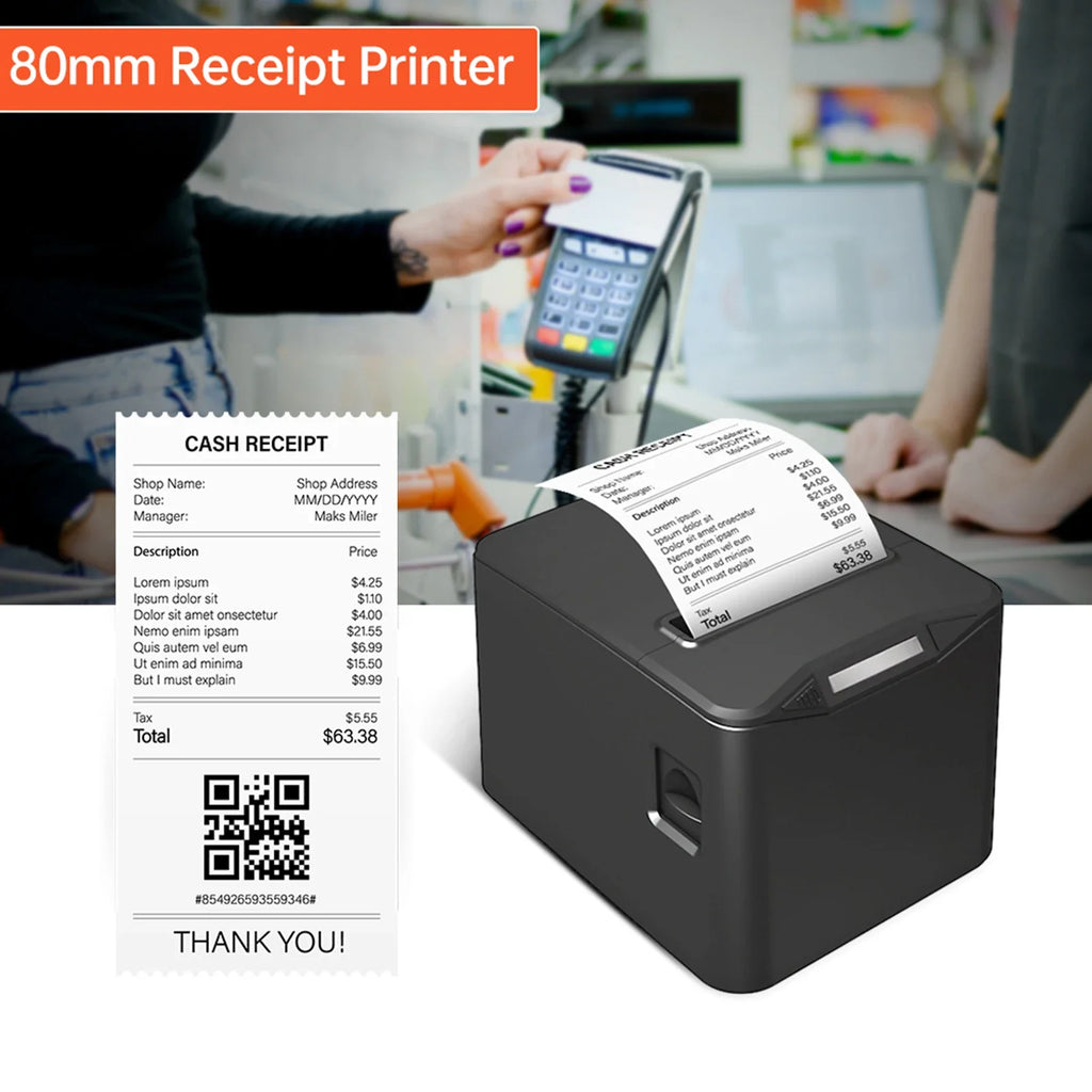 Thermal Receipt Printer 80mm Desktop Direct Thermal Printing USB+LAN Connection High Speed with Auto Cutter Large Paper Bin